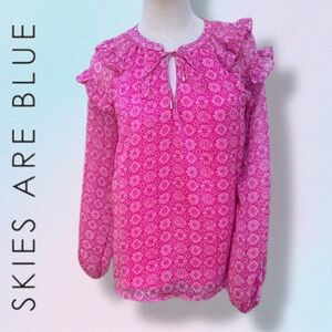 ✨Whimsical & Feminine Skies Are Blue Pink Ruffle Blouse | Size XSmall | Like New